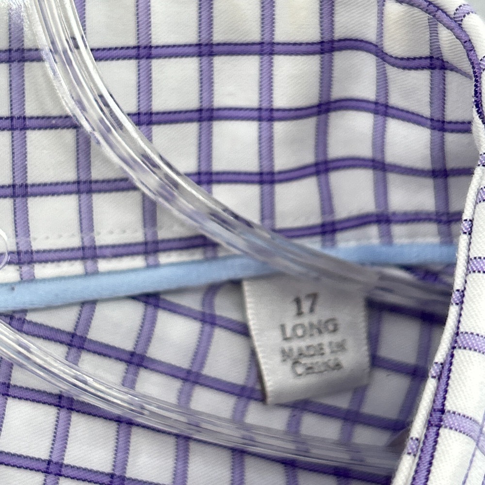 Peter Millar Dress Shirt Mens 17 Long Purple Grid Check Button Up Nanoluxe Dress - Picture 12 of 14
